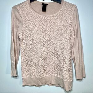 Ann Taylor Pink Lace Knit Sweater Women’s M Long Sleeve Crew Neck Chic Pullover